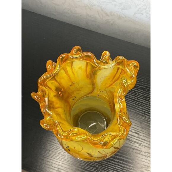 Vintage Hand Blown Amber Painted Glass Vase With Ruffled Rim & Floral Etching - Picture 4 of 5